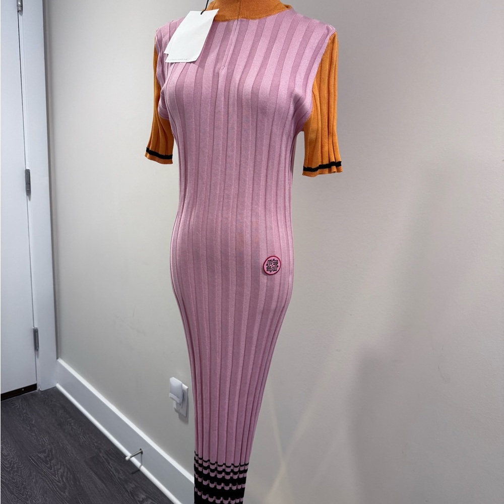 Elegant Pink and Orange Striped Midi Dress